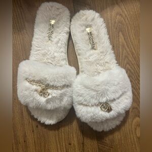 Michael Kors white slippers gold detailing. Never worn. Size 8 women. Narrow fit